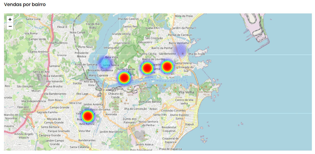 Print do mapa de calor do Vendas Por Bairro, no novo Painel do Delivery Yooga.